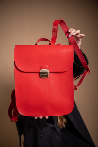 Natural Leather Saddle Backpack - Red