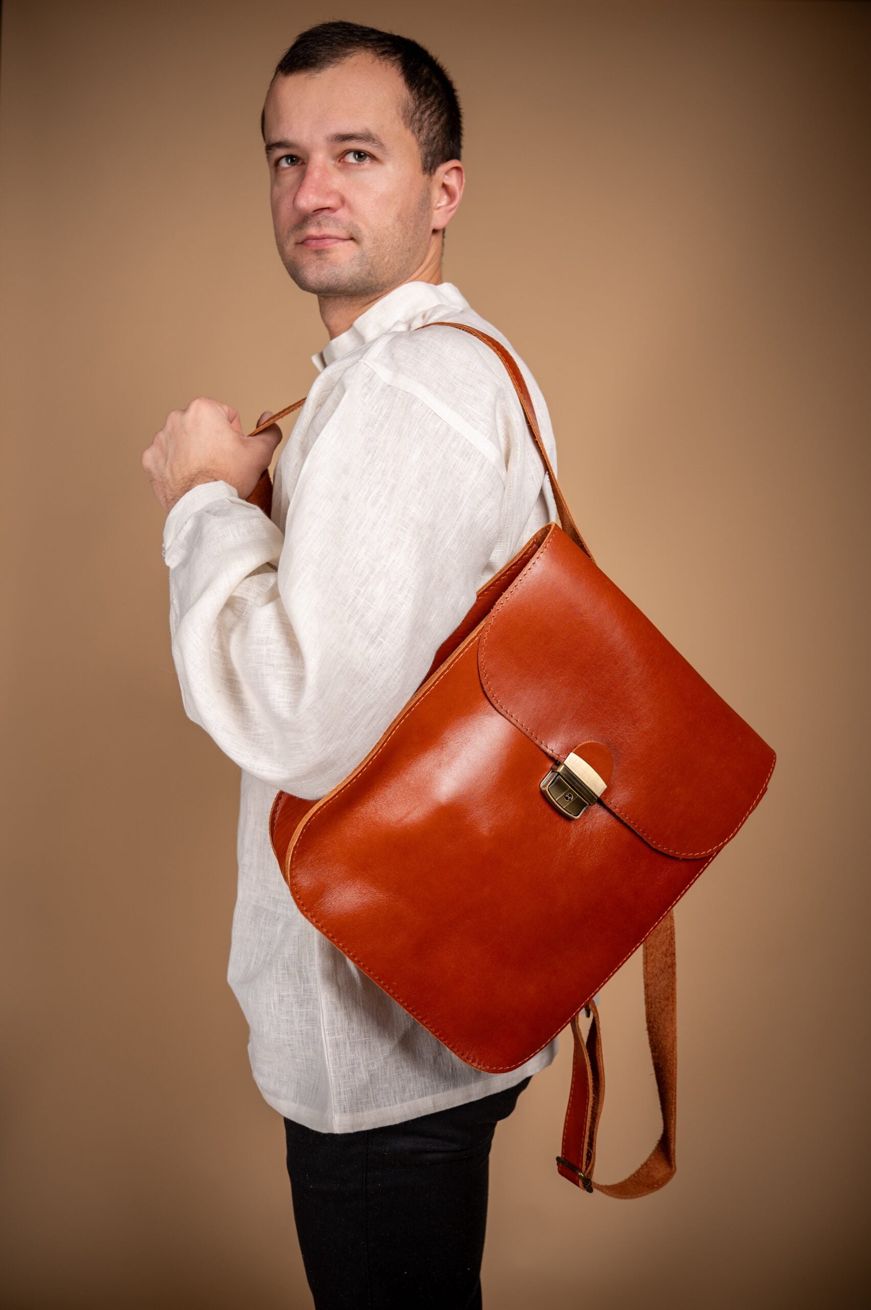 Natural Leather Saddle Backpack - Light Brown